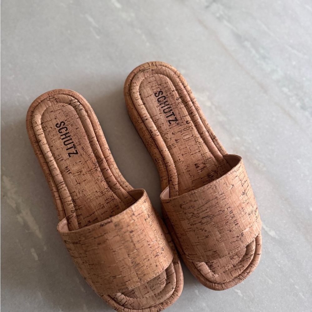Schutz Yara Flatform Women's Tan Slide Sandals